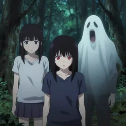in the style of junji ito, artgerm, audrey kawasaki, shinsui ito, transparent ghost screaming, in the woods, moody lighting