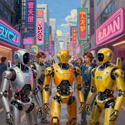 market in japan, cyberpunk style with droids, bright neon signs, sunny weather, tim hildebrandt, wayne barlowe, bruce pennington, donato giancola, larry elmore, oil on canvas, masterpiece, trending on artstation, featured on pixiv, cinematic composition, hyper - detailed, hd, hdr, 4 k, 8 k