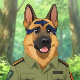 close up character portrait icon of the anthro anthropomorphic german shepard military uniform head animal person fursona wearing clothes standing in the bright forest, hidari, color page, tankoban, 4 k, tone mapping, akihiko yoshida