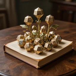 thirty six sided body of wisdom growing out of a book, on a wooden table, rim light, extremely detailed, masterpiece, artstation, cinematic lighting, photographic, by greg rutkowski and alphonse mucha, wolp