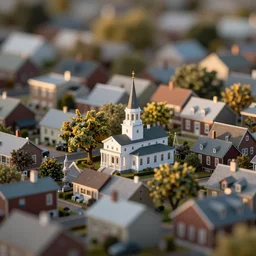 tilt shift photography, extereme dof, miniature new england town, bokeh, model