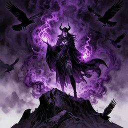 warlock woman with glowing white eyes standing on a jagged mountain top conjuring dark purple smoke glowing magic all around her, crows flying in air, graphic novel layout by michael komarck, greg rutkowski, victo ngai, artgerm