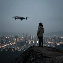 a woman standing on top of a mountain overlooking a glowing city below with a drone flying beside her, camera obscura, photography, realistic, technology, dark, gloomy, misty, ethereal, 4k, detailed