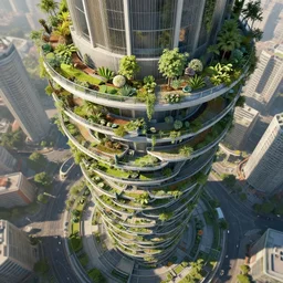 matte painting of the bird's eye view of spiral tower. garden balconies. ecofuturistic architecture. dynamic perspective. urban, detailed digital art trending in artstation