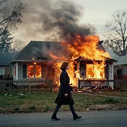 Gregory Crewdson full color Photography, A woman walks calmly while her house is on fire