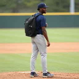 Dray mondgreen in baseball pants wearing a backpack