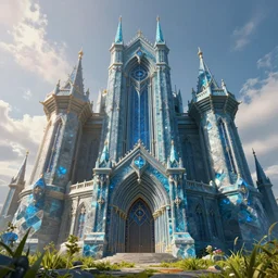 an imposing ornamented fantasy castle, carved from sapphire stone, cinematic view, epic sky, detailed, concept art, low angle, high detail, warm lighting, volumetric, godrays, vivid, beautiful, trending on artstation, by jordan grimmer, huge scene, grass, art greg rutkowski
