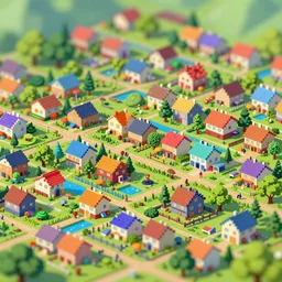 a village, highly detailed, colourful, digital art, tilt shift, pixel art!! trending on artstation, 4 k