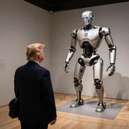 trump watching a cyborg trump exhibition in a museum, studio lighting, photography, highly detailed, 4 k,