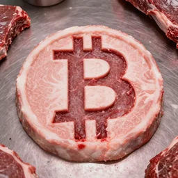 bitcoin logo carved out from raw meat on butchery floor, real photo