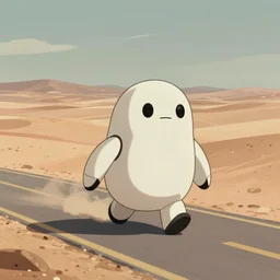 a study of cell shaded cartoon of a short fat robot rolling on a desert road, full body, wide shot, very muted colors, post grunge, studio ghibli, laurie greasley, highly detailed, deviantart, art by artgem