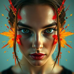 a hyper photo portrait of a feminine model, bored, cool expression, beautiful symmetrical face, award winning photo, brush splashes of vivid colors, golden ratio, rule of thirds, artwork by chiara bautista and beksinski and norman rockwell and greg rutkowski, tom bagshaw, and lucasfilm, made with canon eos