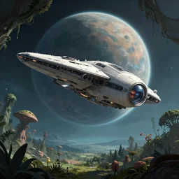 spaceship hovering over an alien planet, forest with strange plants, low angle shot, concept art, by chris foss and michael whelan, concept art, digital illustration, trending on artstation, 8 k