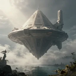 sci - fi space base, bad omens, a floating magnificent tetrahedron spacecraft!! medium long shot. mist, sunrays, dust in the air, unreal engine, octane render, dramatic lighting, lake, ultra clear detailed!! digital art, by stanley artgerm lau, greg rutkowski, thomas kindkade, alphonse mucha, loish, norman