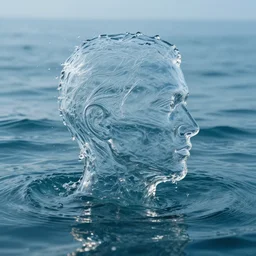 water artwork manipulation in the shape of a human head, on the ocean water, ray tracing, realistic water sharp focus, long shot, 8 k resolution, cinematic, water art photoshop