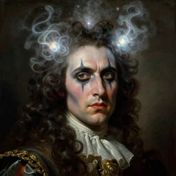 a baroque neoclassicist close - up portrait of a dark sci - fi magician wearing circus make - up while gazing intensely. glowing magic around head, face and shoulders. foggy surroundings. renaissance portrait painting. highly detailed science fiction painting by norman rockwell, frank frazetta, and syd mead. rich colors, high contrast, gloomy atmosphere, dark background. trending on artstation.