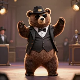 a beautiful bear dressed as a gangster, 4K photograph, he’s dancing