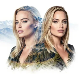 tattoo design sketch double exposure of margot robbie and beautiful mountain scenery, creative mash up, in the style of arlo dicristina, surrealist, amazing detail, sharp