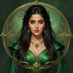 head-on centered symmetrical painted portrait, Mahira Khan as a D&D wizard, intricate green fantasy robes, fantasy, intricate, elegant, highly detailed, digital painting, smooth, sharp focus, illustration, artstation, in the style of Artgerm and Anna Podedworna and Alex Ross