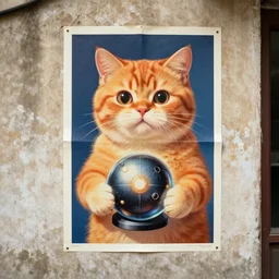 1 9 8 0's color photo, propaganda poster of cute orange cat holding atomic core, poster is glued on old street wall