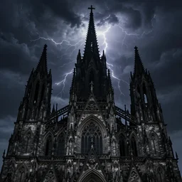 A mysterious Silhouette on top of the rood of a gothic cathedral in the style of Bloodborne, thunderstorm at night