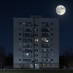 a single apartment building in a moonlit night, in the style of peter mohrbacher and jacek yerka, symmetrical composition
