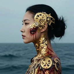 portrait and side profile of a chinese woman :: side profile :: in ocean :: clockwork details :: gold :: blood and horror ::  by vikings and Sandra Chevrier
