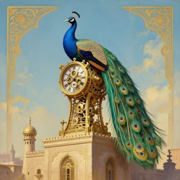 a painting of a peacock clockwork construct on top of a building, egyptian art by Brian Despain, polycount contest winner, art nouveau, ornate, egyptian art, steampunk, clockwork