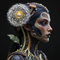 intricate hyper detailed ultra sharp 3 d render of a beautiful dark witch woman profile portrait, 1 5 0 mm, large pore fungi embroidered, cyberpunk art nouveau, haute couture alexander mcqueen leaves stems dahlia transparent fractal dandelion yellow pistil filigree roots, intricate details, anatomical, flesh ornate, facial muscles, cable wires, elegant, hyper realistic, ultra detailed, octane render, volumetric cinematic lighting, 8 k post - production