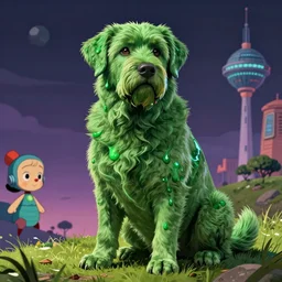 hyperrealist, graphic novel illustration of a bulky green labrador retriever with shaggy green fur with green dye sitting on a grassy hill, pulp 7 0's sci - fi vibes, 9 0's hannah barbara fantasy animation, cinematic, movie still, studio ghibli masterpiece