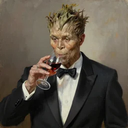 portrait painting of the groot as a gentleman wearing tuxedo drinking wine, masterpiece, artwork