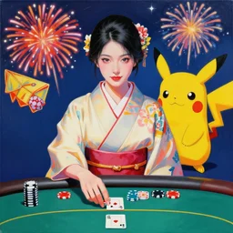 hyperrealism composition of the detailed woman in a japanese kimono sitting at a poker table with pikachu, fireworks on the background, pop - art style, jacky tsai style, andy warhol style, acrylic on canvas