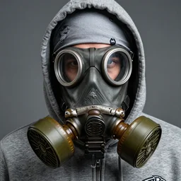 detailed conceptual close up photography portrait random guy using grey hoodie and grey bandana with wolf logo in right chest and gas mask