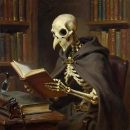 skeleton bird creature, wearing a cloak, studying in a library, fantasy art, oil painting,