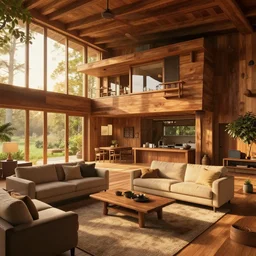 Peaceful wooden mansion, unreal engine 5 tech demo, zillow interior, golden hour, living room, cozy, octane render, Frank Lloyd Wright ((Studio Ghibli))