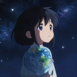 anime portrait of earth - chan!!! looking far away on space, melancholy!!! art station, ( ( ( blurred, highly detailed, chibi ) ) ), illustration, stars and galaxies, cinematic!!!,