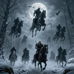 the wild hunt, unholy spectres riding in the sky, grim reapers, bad omen, enchanted forest, blizzard storm, fog, full moon, snowy environment, in the style of the witcher series, hyperrealism, breathtaking, award winning, groundbreaking, octane render, unreal 5, intricate digital art, 8 k high resolution
