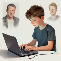 illustration of a boy connected to his laptop with wires, highly detailed, by butcher billy, mcbess, rutkowski, james jean,