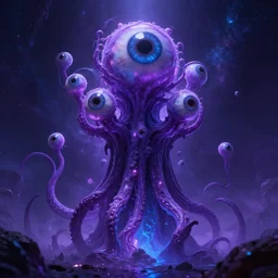 Eldritch Organic Tower of The Void, Purple and Blue colored, 4k, masterpiece, cinematic, glowing, cosmic, galactic, eyeballs, tentacles, by Greg Rutkowski, Trending on Artstation, Behance. Polished, Volumetric Lighting