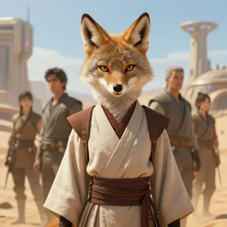 beautiful portrait of a female anthropomorphic furry coyote fursona wearing jedi robes in a desert future town. character design by charlie bowater, ross tran, artgerm, and makoto shinkai, detailed, soft lighting, rendered in octane