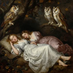 a painting of owls singing nightmares in the ear of sleeping maidens, by giger, by austin osman spare, detailed oil painting, baroque, realistic, unreal engine