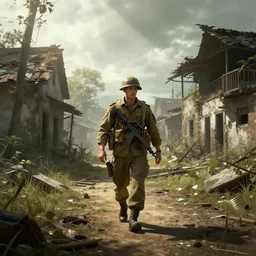 Futuristic matte painting of a US soldier in the Vietnam War walking through an abandoned Vietcong village, volumetric light scattering, highly detailed, digital art, Andreas Rocha, Greg Rutkowski, Darek Zabrocki, ArtStation, CGSociety, Unreal Engine, 4K, 8K