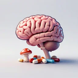 awesome logo of a brain and mushroom and pills with dank techno. synthwave colours. in the style of spirited away. awe, rage, musicality, 1 9 6 0, kodak, natural colors, hyperrealism, lush detail