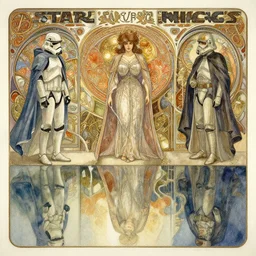 a beautifull intricate watercolour painting of star wars scene, reflexions, verry high details by william turner art, greg rutkowski and alphonse mucha, trending on artstation, very very detailed, masterpiece, muted colors