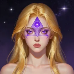 centered symmetrical head and shoulders portrait of a gallent golden haired girl with open purple third eye chakra, geometric third eye triangle, sci - fi face, space background, breathtaking stars, elegant, highly detailed, digital painting, artstation, concept art, smooth, sharp focus, illustration, anime asthetic, art by artgerm and greg rutkowski and alphonse mucha
