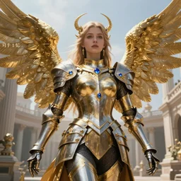 Concept art, angel knight girl in golden and silver armor adorned with sapphire gems on Neoclassical city, artstation trending, cinematic, highly detailded