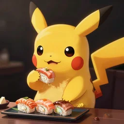 a portrait of an anthropomorphic cyberpunk pikachu eating sushi, cyberpunk!, fantasy, elegant, digital painting, artstation, concept art, matte, sharp focus, illustration, art by josan gonzalez