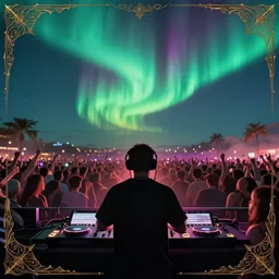 a beautiful picture of a DJ silhouette playing for huge crowd, digital art, aurora borealis, trending on artstation, 4k, unreal engine, intricate, ornate