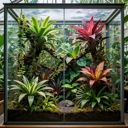 a glass terrarium containing a jungle full of exotic plant life, colorful tropical plants, natural botanical gardens, vines along the jungle floor, in the distance is waterfall, all is contained inside a very large terrarium, acrylic painting by nick garbutt, artstation, concept art, award winning,