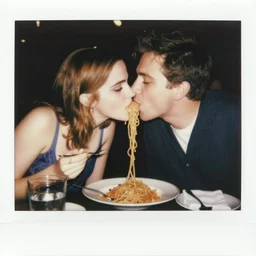 2 0 2 2 full color polaroid of michael berryman and emma watson making out over spaghetti,